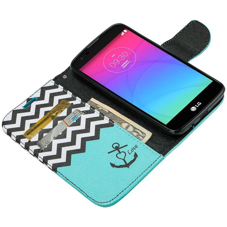 LG K10 / LG Premier LTE Case, Wrist Strap Magnetic Fold[Kickstand] Pu Leather Wallet Case with ID & Credit Card Slots - Teal Anchor