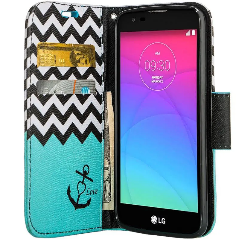 LG K10 / LG Premier LTE Case, Wrist Strap Magnetic Fold[Kickstand] Pu Leather Wallet Case with ID & Credit Card Slots - Teal Anchor