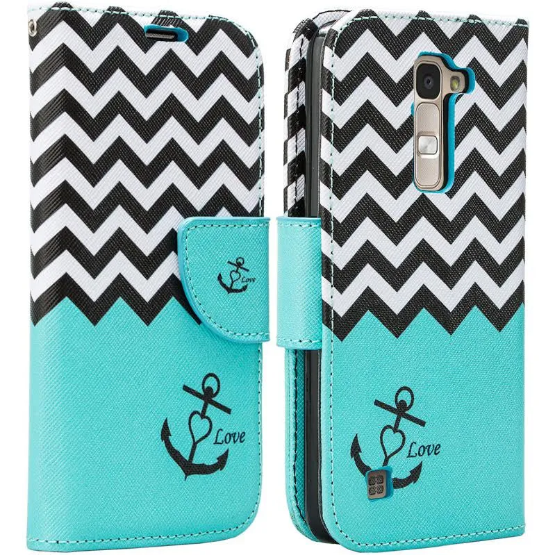 LG K10 / LG Premier LTE Case, Wrist Strap Magnetic Fold[Kickstand] Pu Leather Wallet Case with ID & Credit Card Slots - Teal Anchor