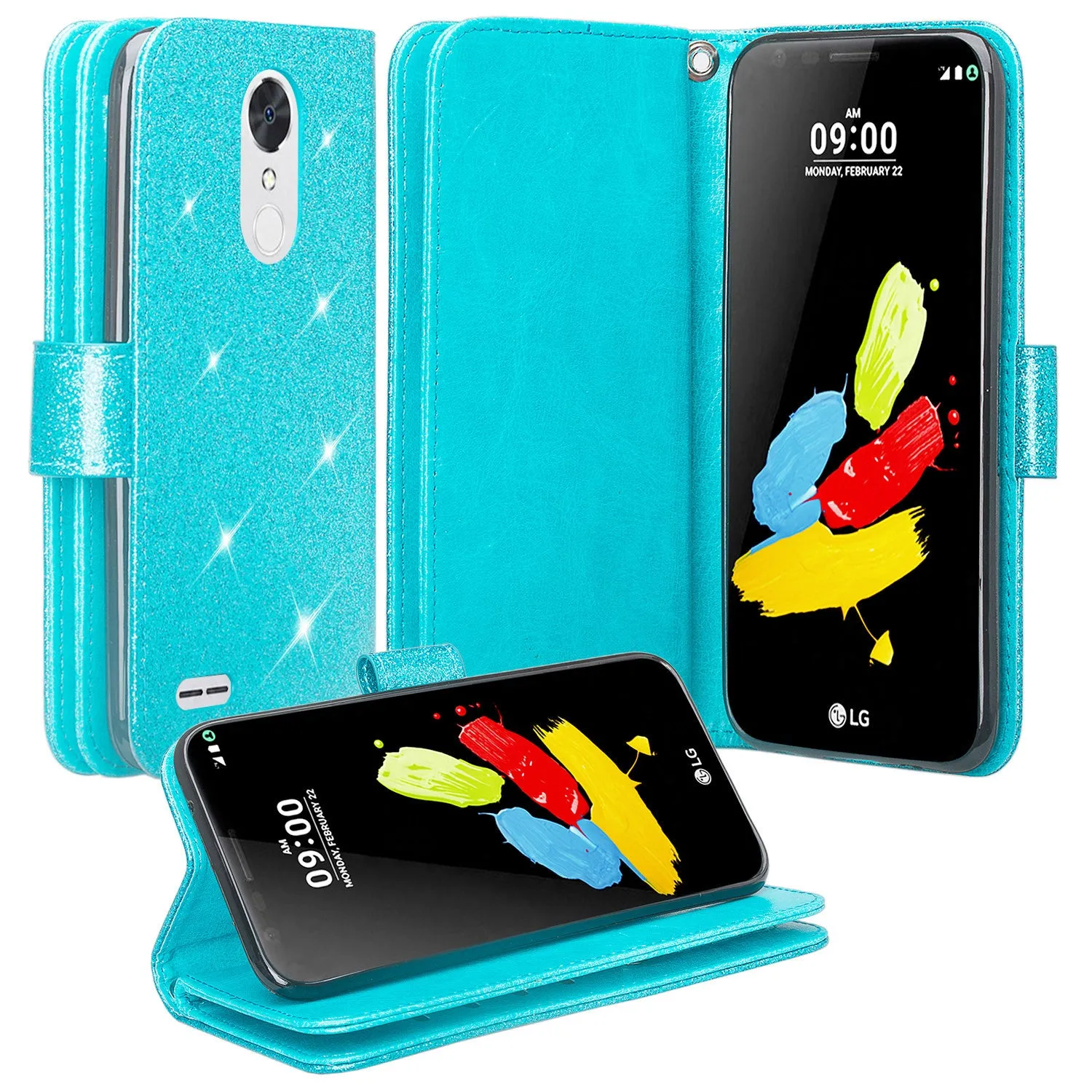 LG K20 Plus Case, LG K20 V Case, LG Harmony Case, K10 2017,  [Wrist Strap] Glitter Faux Leather Flip [Kickstand] Wallet Cover - Teal