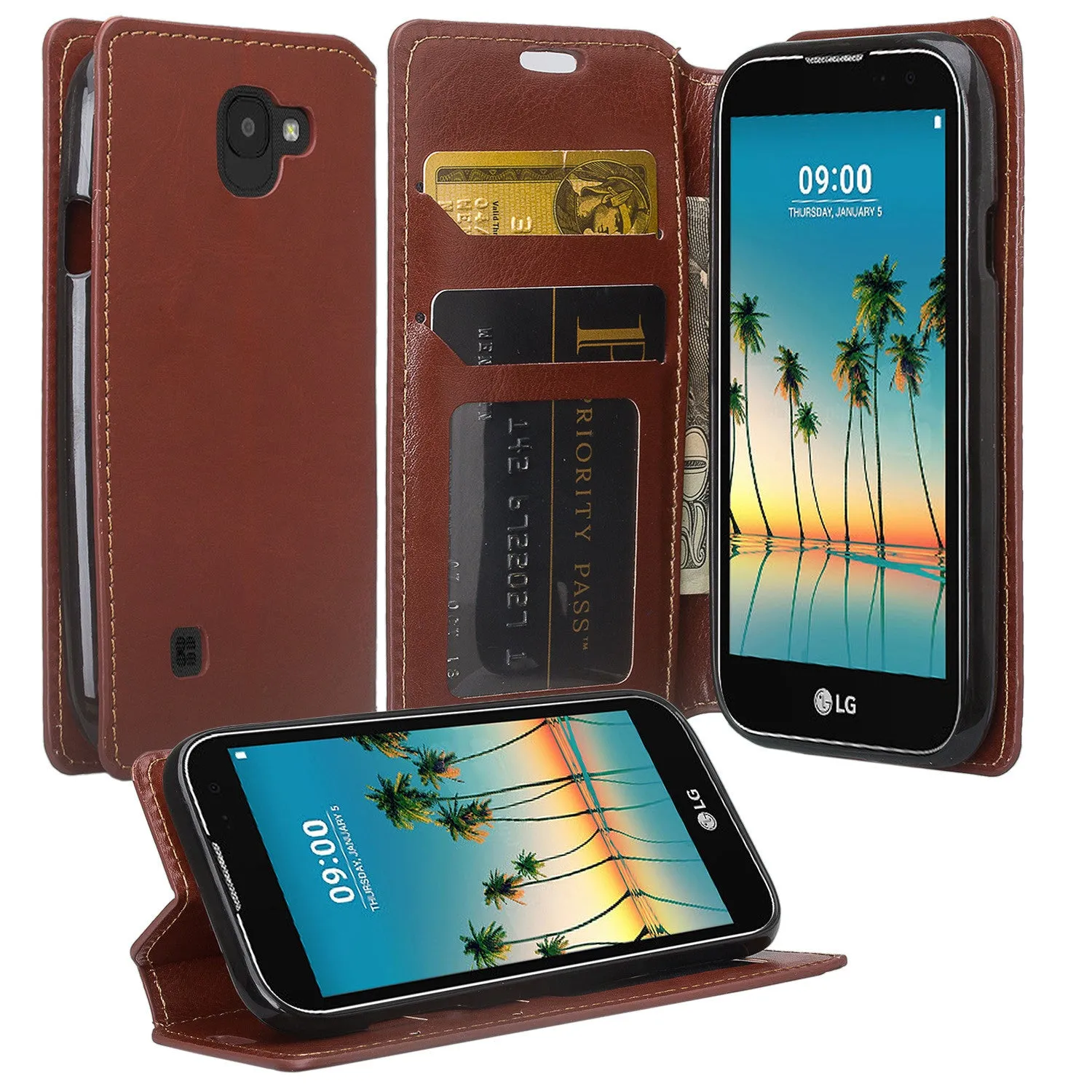 LG K3(2017) Wallet Case, Slim Magnetic Flip Fold[Kickstand] Pu Leather Wallet Case with ID & Credit Card Slots & Pocket for LG K3(2017) - Brown