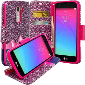 LG K7, LG Tribute 5, LG Treasure Wallet Case, Wrist Strap [Kickstand] Pu Leather Wallet Case with ID & Credit Card Slots - Hot Pink Cheetah