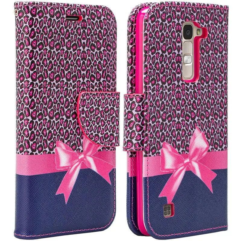 LG K7, LG Tribute 5, LG Treasure Wallet Case, Wrist Strap [Kickstand] Pu Leather Wallet Case with ID & Credit Card Slots - Hot Pink Cheetah