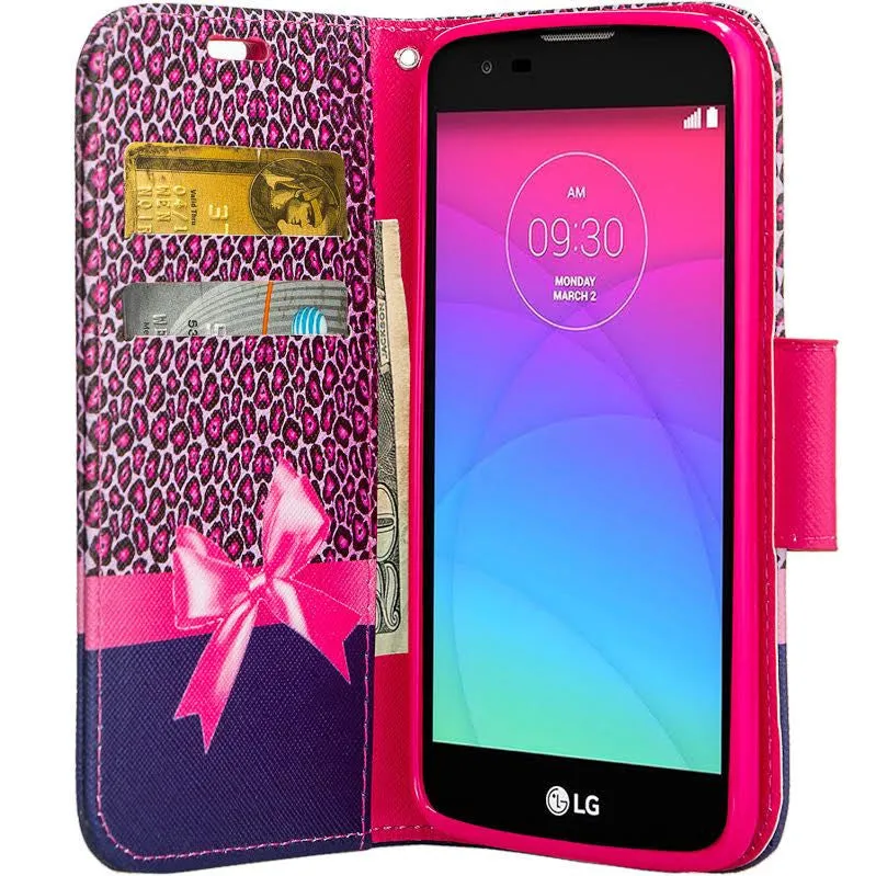 LG K7, LG Tribute 5, LG Treasure Wallet Case, Wrist Strap [Kickstand] Pu Leather Wallet Case with ID & Credit Card Slots - Hot Pink Cheetah