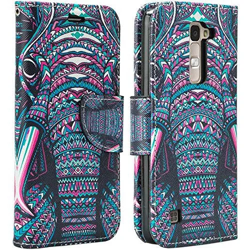 LG K7 | Tribute 5 | Treasure Case, Wallet Case, Wrist Strap [Kickstand] Pu Leather Wallet Case with ID & Credit Card Slots - Tribal Elephant