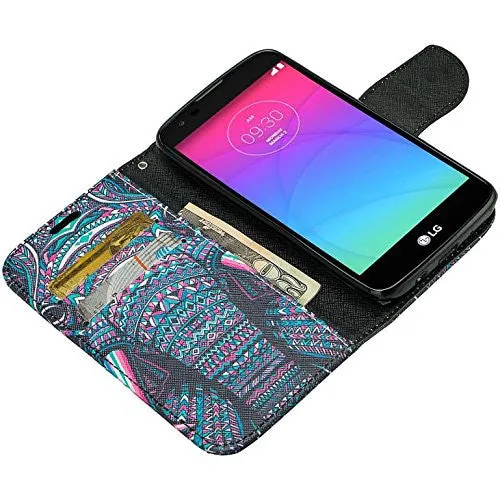 LG K7 | Tribute 5 | Treasure Case, Wallet Case, Wrist Strap [Kickstand] Pu Leather Wallet Case with ID & Credit Card Slots - Tribal Elephant