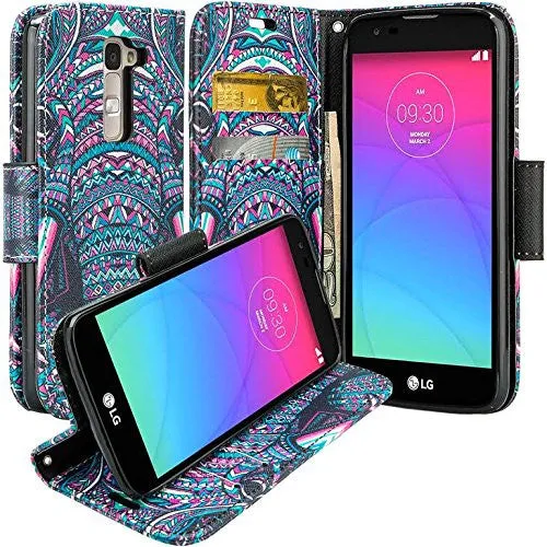 LG K7 | Tribute 5 | Treasure Case, Wallet Case, Wrist Strap [Kickstand] Pu Leather Wallet Case with ID & Credit Card Slots - Tribal Elephant