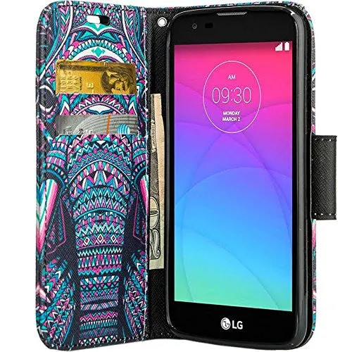 LG K7 | Tribute 5 | Treasure Case, Wallet Case, Wrist Strap [Kickstand] Pu Leather Wallet Case with ID & Credit Card Slots - Tribal Elephant