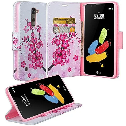 LG K8 | Phoenix 2 | Escape 3 Case, Wallet Case, Wrist Strap [Kickstand] Pu Leather Wallet Case with ID & Credit Card Slots for LG K8 | LG Phoenix 2 | LG Escape 3 - Cherry Blossom