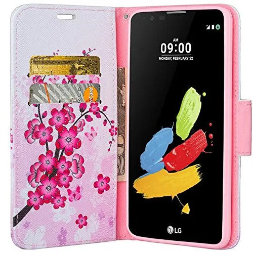 LG K8 | Phoenix 2 | Escape 3 Case, Wallet Case, Wrist Strap [Kickstand] Pu Leather Wallet Case with ID & Credit Card Slots for LG K8 | LG Phoenix 2 | LG Escape 3 - Cherry Blossom