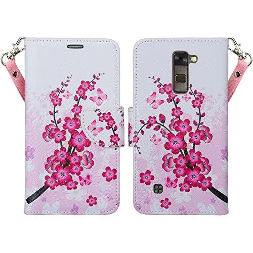 LG K8 | Phoenix 2 | Escape 3 Case, Wallet Case, Wrist Strap [Kickstand] Pu Leather Wallet Case with ID & Credit Card Slots for LG K8 | LG Phoenix 2 | LG Escape 3 - Cherry Blossom