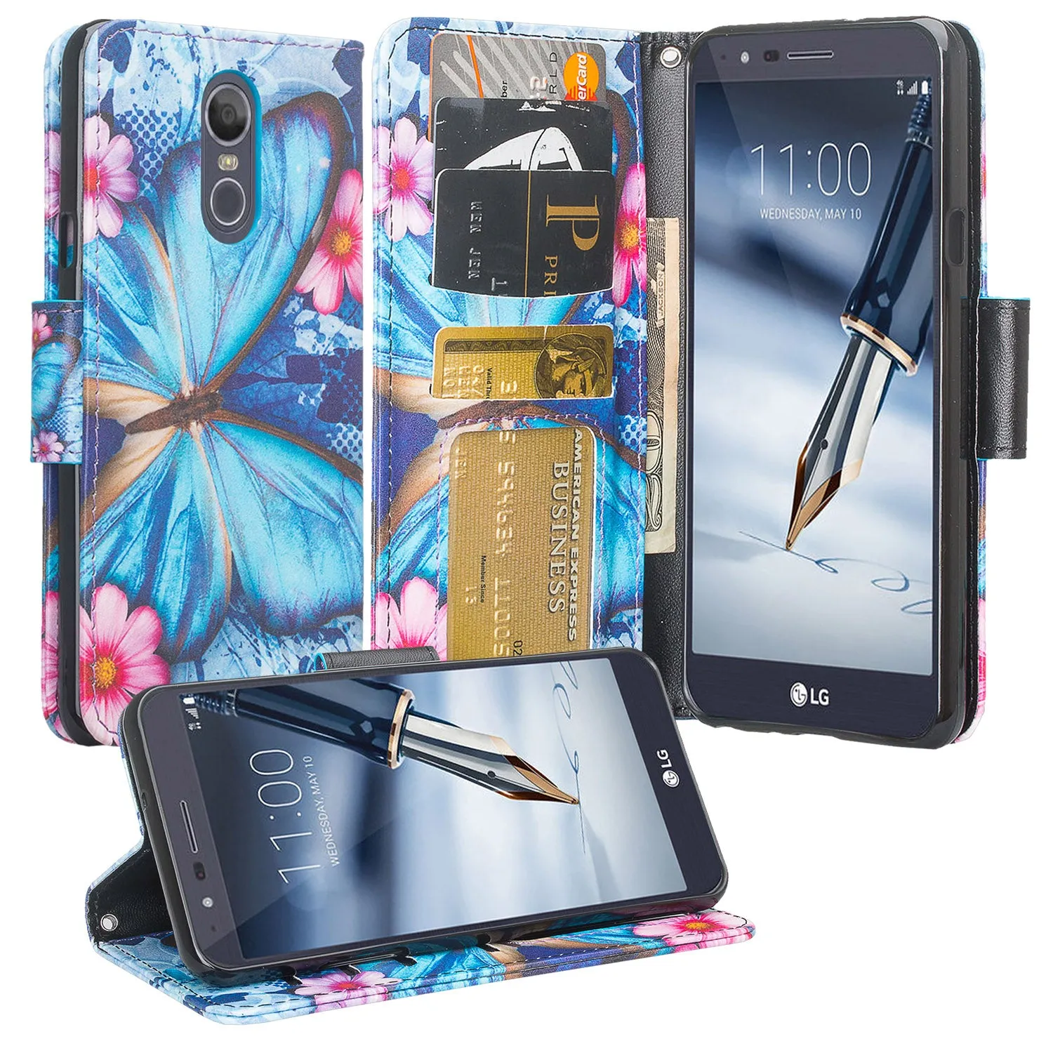 LG Prime 2 Case,Aristo 4 /Aristo 4 Plus Wallet Case, Wrist Strap Pu Leather Wallet Case [Kickstand] with ID & Credit Card Slots - Blue Butterfly