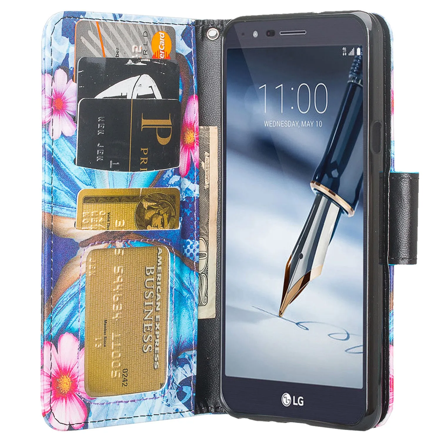 LG Prime 2 Case,Aristo 4 /Aristo 4 Plus Wallet Case, Wrist Strap Pu Leather Wallet Case [Kickstand] with ID & Credit Card Slots - Blue Butterfly