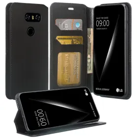 LG V30, V30 Plus, Magnetic Flip Fold [Kickstand] Pu Leather Wallet Case Cover with Card Slots - Black