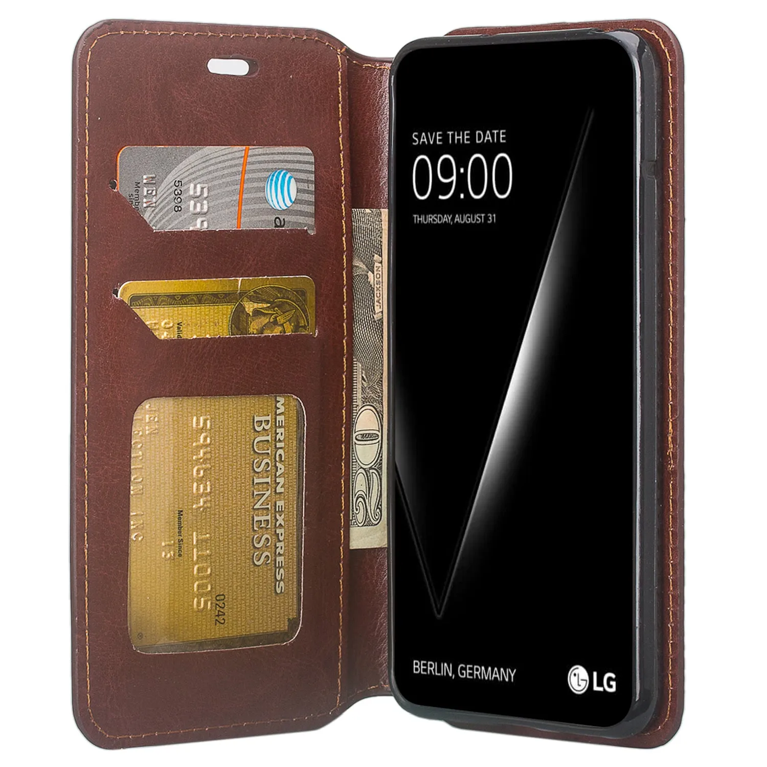 LG V30, V30 Plus, Magnetic Flip Fold [Kickstand] Pu Leather Wallet Case Cover with Card Slots - Brown