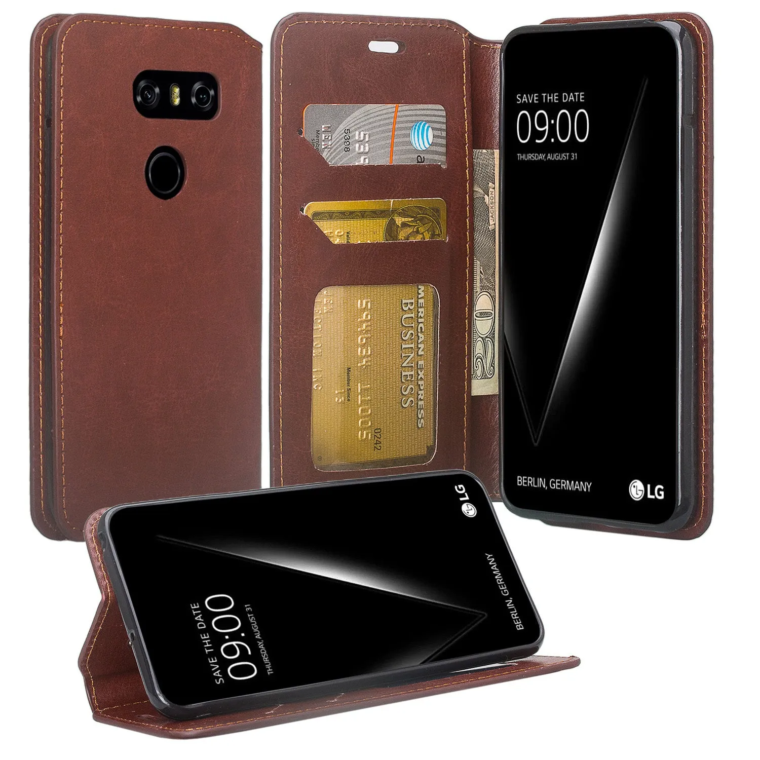 LG V30, V30 Plus, Magnetic Flip Fold [Kickstand] Pu Leather Wallet Case Cover with Card Slots - Brown