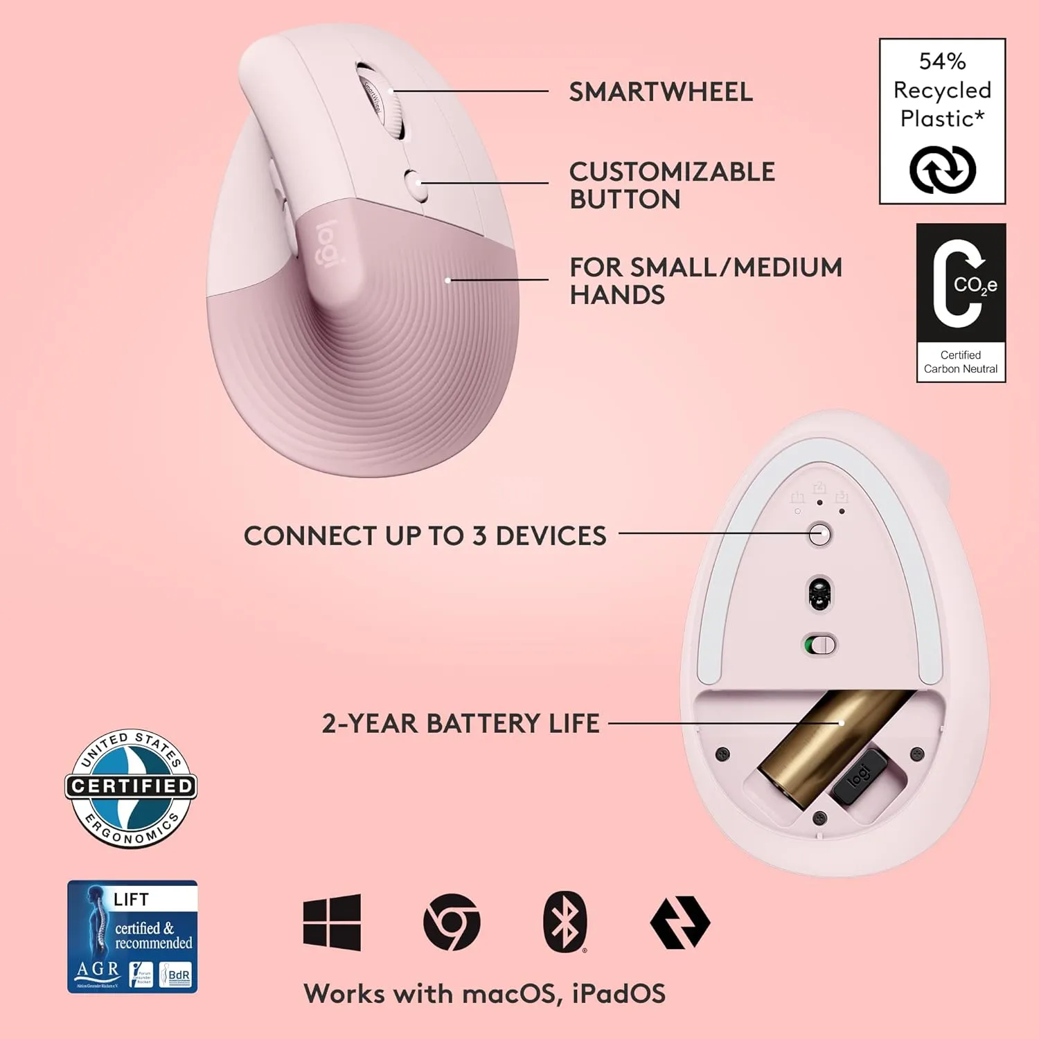 Logitech Lift 人體工學垂直無線滑鼠 - Rose Pink 玫瑰粉色 910-006481 原裝行貨