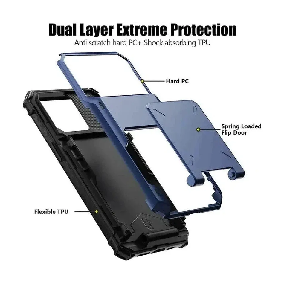 Luxurious Hard Rugged Case w/- Card Slots for iPhone 13 Pro - Blue