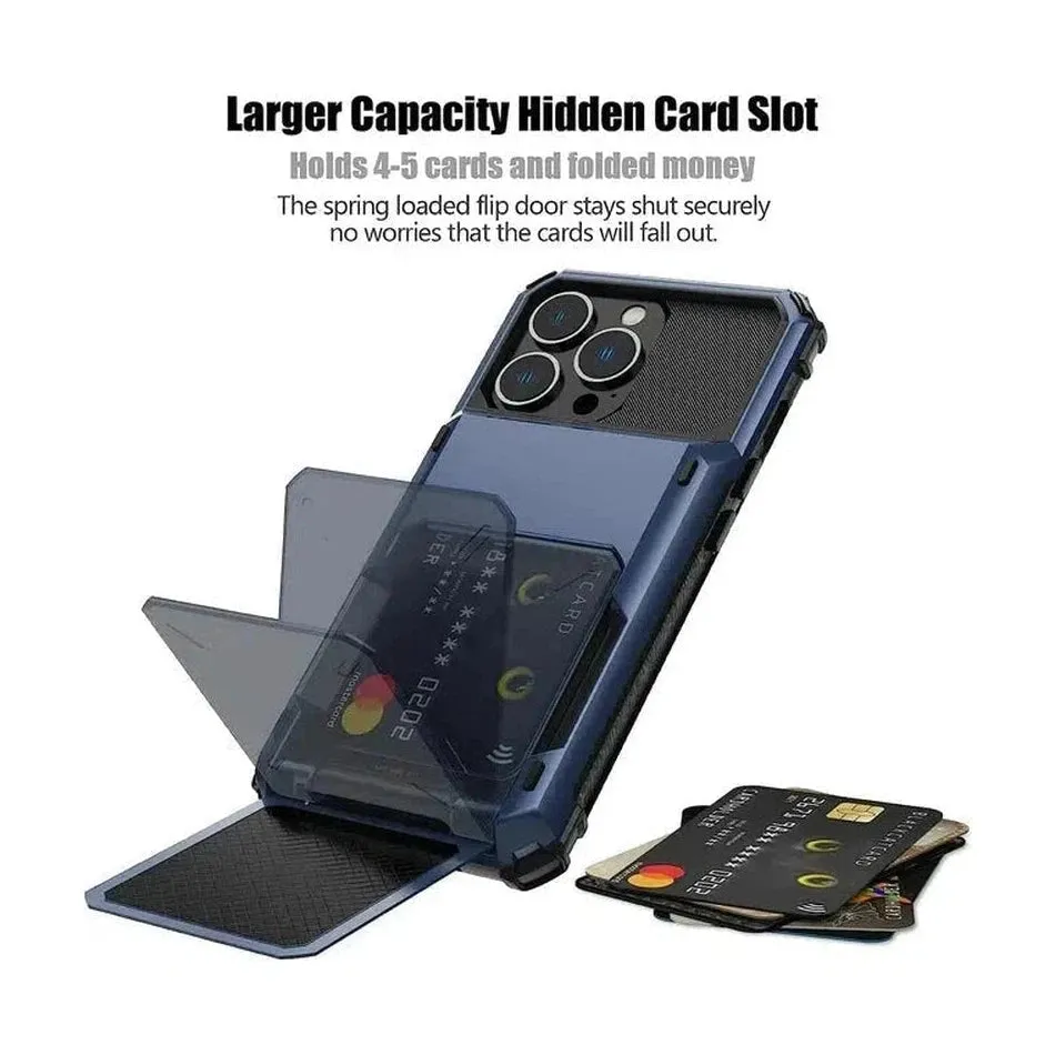 Luxurious Hard Rugged Case w/- Card Slots for iPhone 13 Pro - Blue