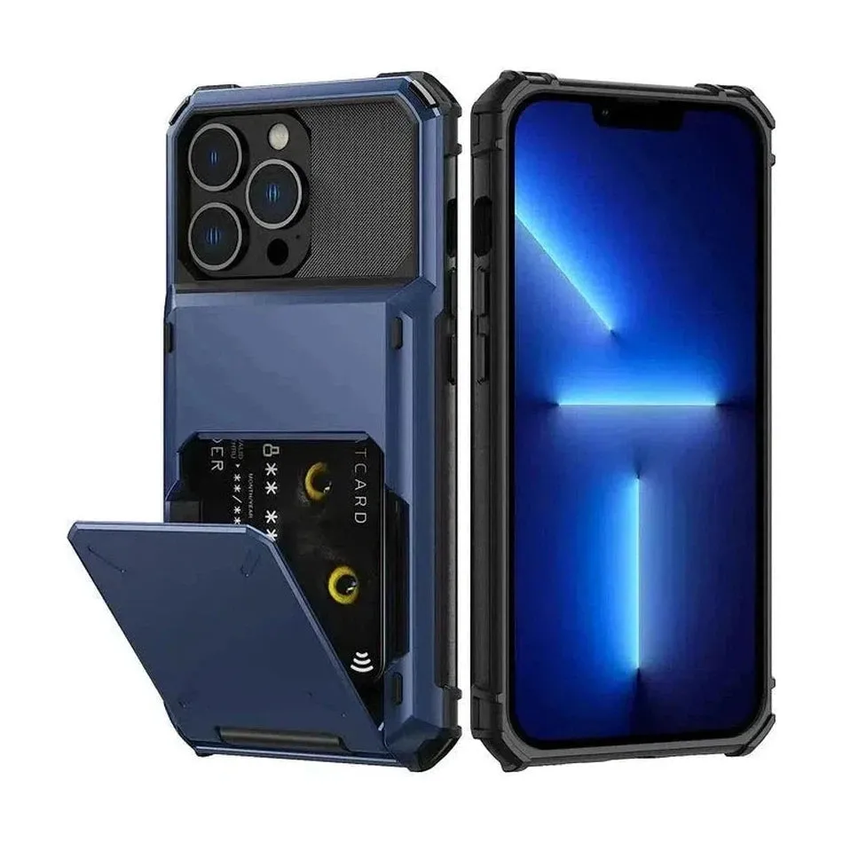 Luxurious Hard Rugged Case w/- Card Slots for iPhone 13 Pro - Blue