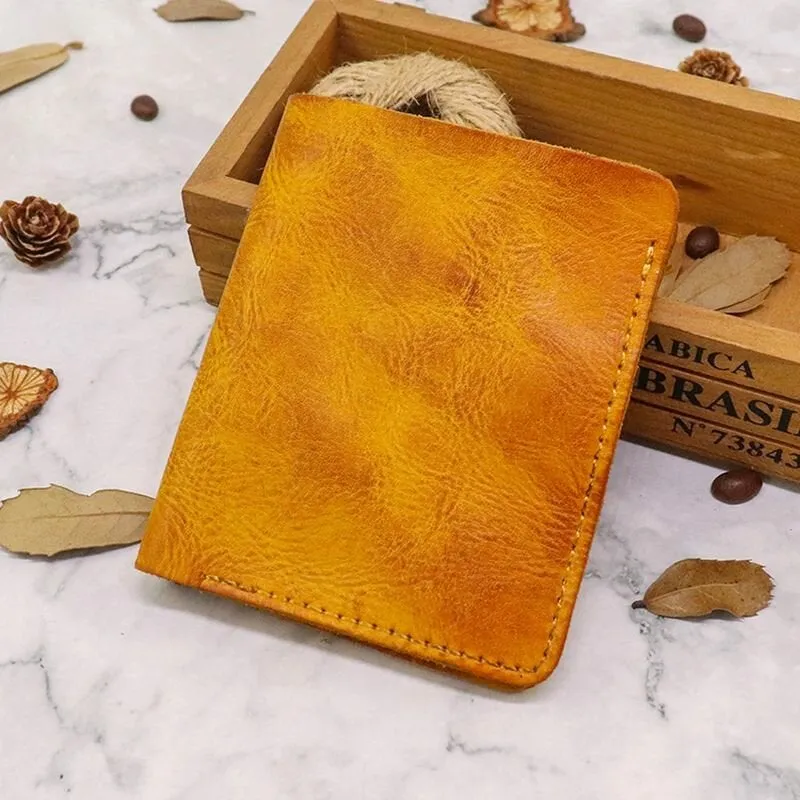 Men Bifold Thin Wallet Simple Retro Vegetable Tanned Leather Card Holder Coin Purse Money Clip