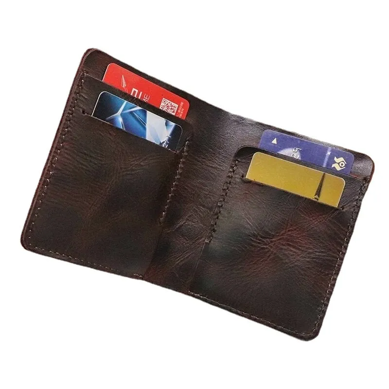 Men Bifold Thin Wallet Simple Retro Vegetable Tanned Leather Card Holder Coin Purse Money Clip