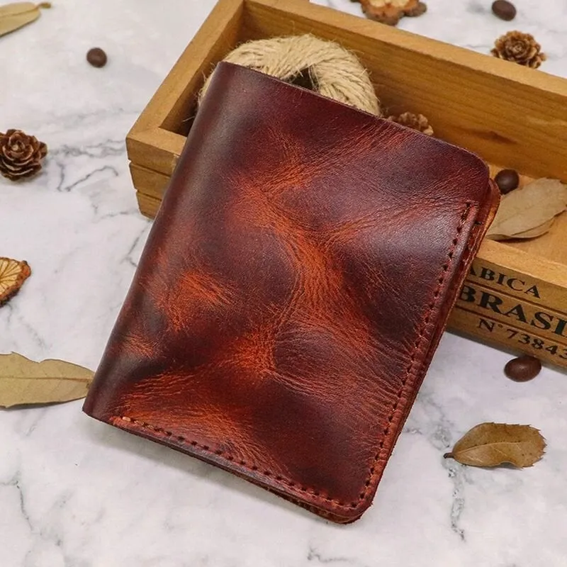 Men Bifold Thin Wallet Simple Retro Vegetable Tanned Leather Card Holder Coin Purse Money Clip