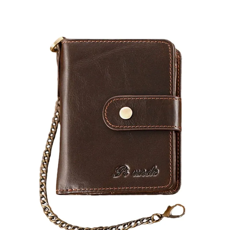 Men Genuine Leather Multi-card Slot Anti-theft RFID Card Holder Zipper Chain Wallet