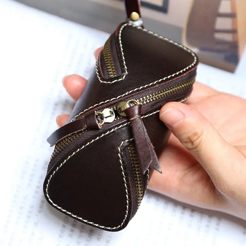 Men Genuine Leather Solid Color Oval Zipper Retro Key Case Card Case Clutch Bags