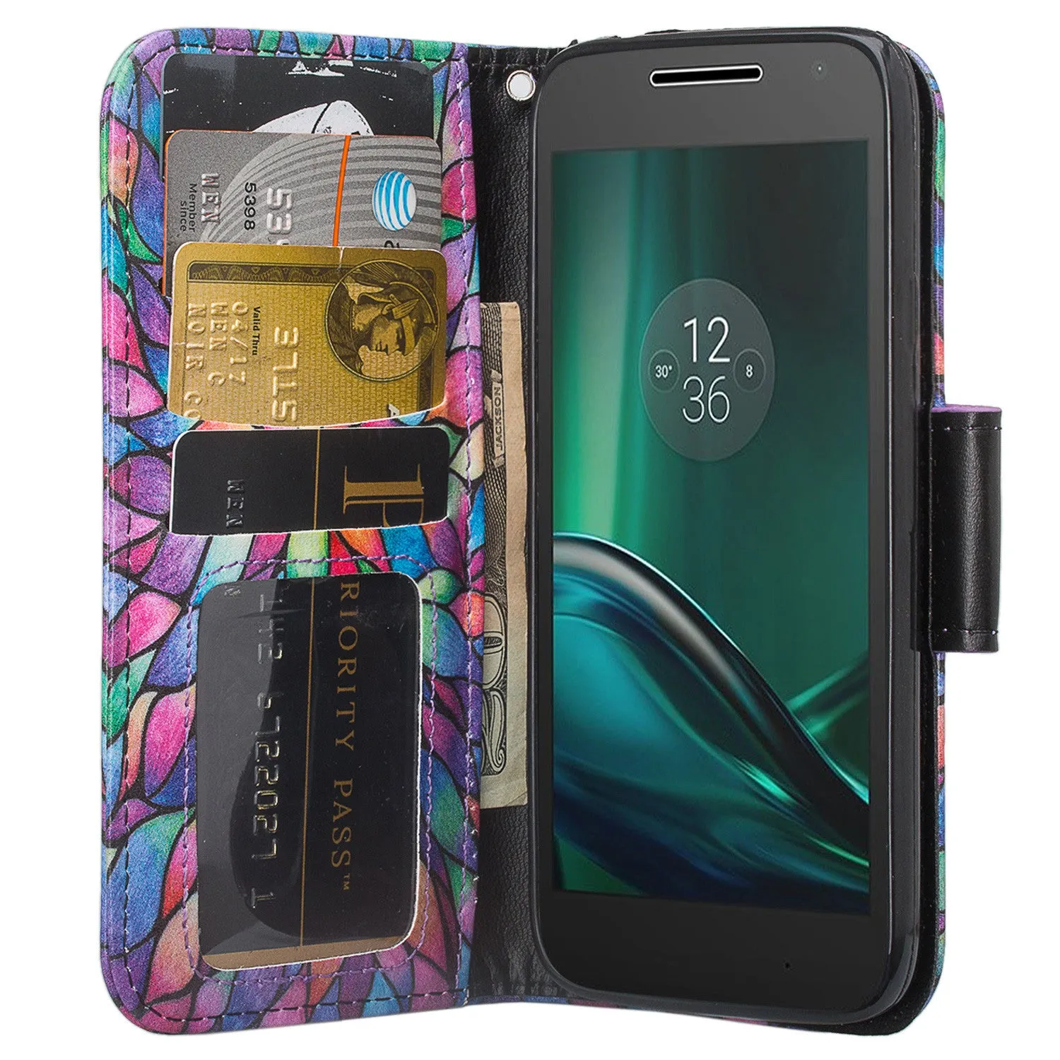 Moto G4 Play Case, Wrist Strap Pu Leather Magnetic Fold[Kickstand] Wallet Case with ID & Card Slots for Motorola G4 Play - Rainbow Flower