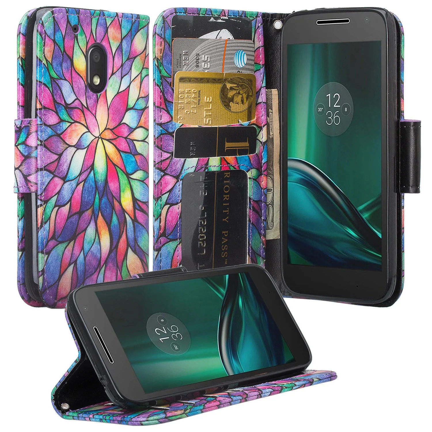 Moto G4 Play Case, Wrist Strap Pu Leather Magnetic Fold[Kickstand] Wallet Case with ID & Card Slots for Motorola G4 Play - Rainbow Flower