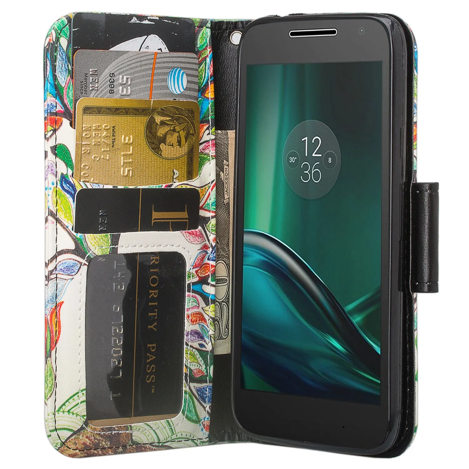 Moto G4 Play Case, Wrist Strap Pu Leather Magnetic Fold[Kickstand] Wallet Case with ID & Card Slots for Motorola G4 Play - Vibrant Tree