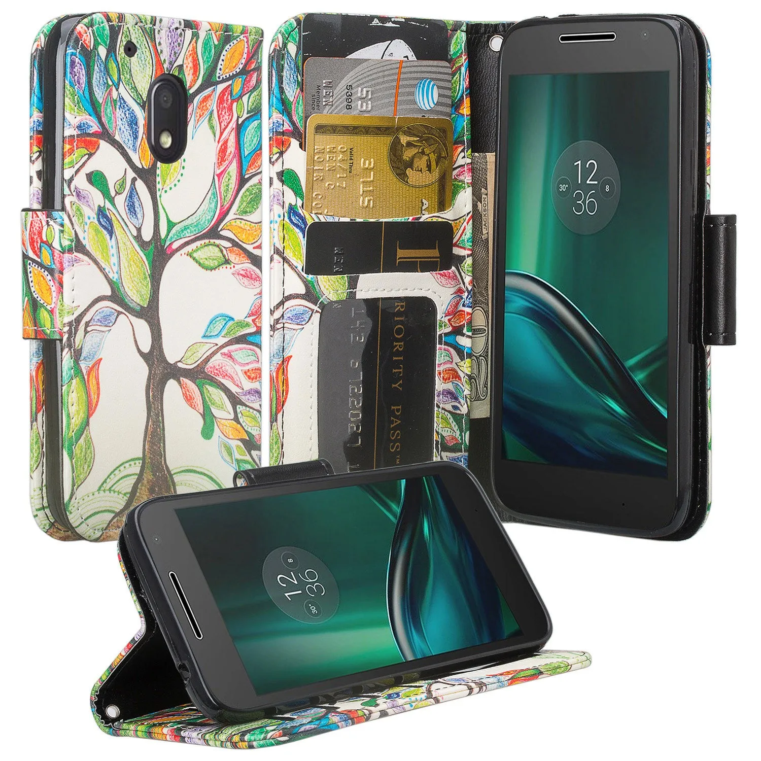 Moto G4 Play Case, Wrist Strap Pu Leather Magnetic Fold[Kickstand] Wallet Case with ID & Card Slots for Motorola G4 Play - Vibrant Tree