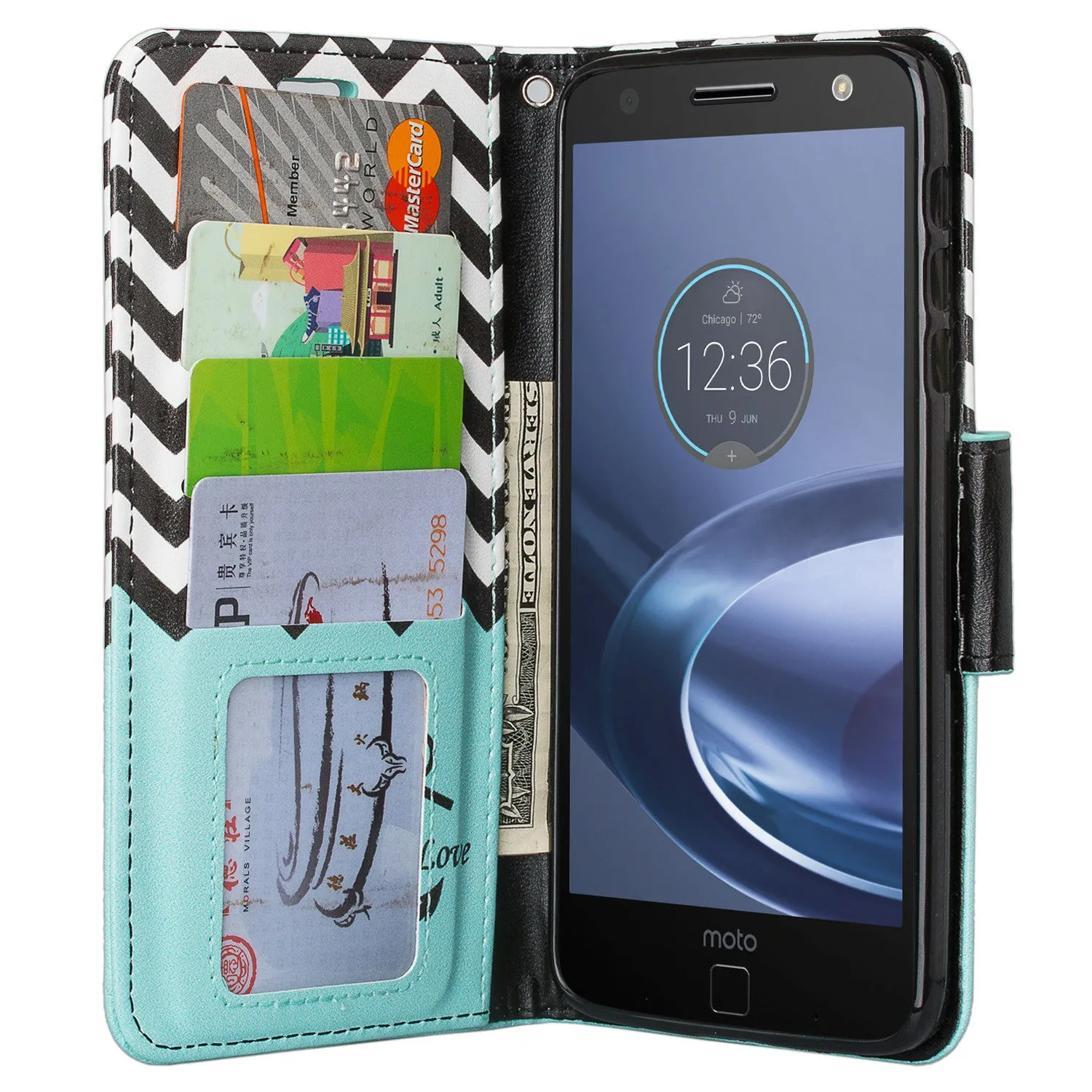 Moto Z Force Droid Case, Motorola Z Force Droid Wallet Case, Wrist Strap Pu Leather Wallet Case [Kickstand] with ID & Credit Card Slots - Teal Anchor