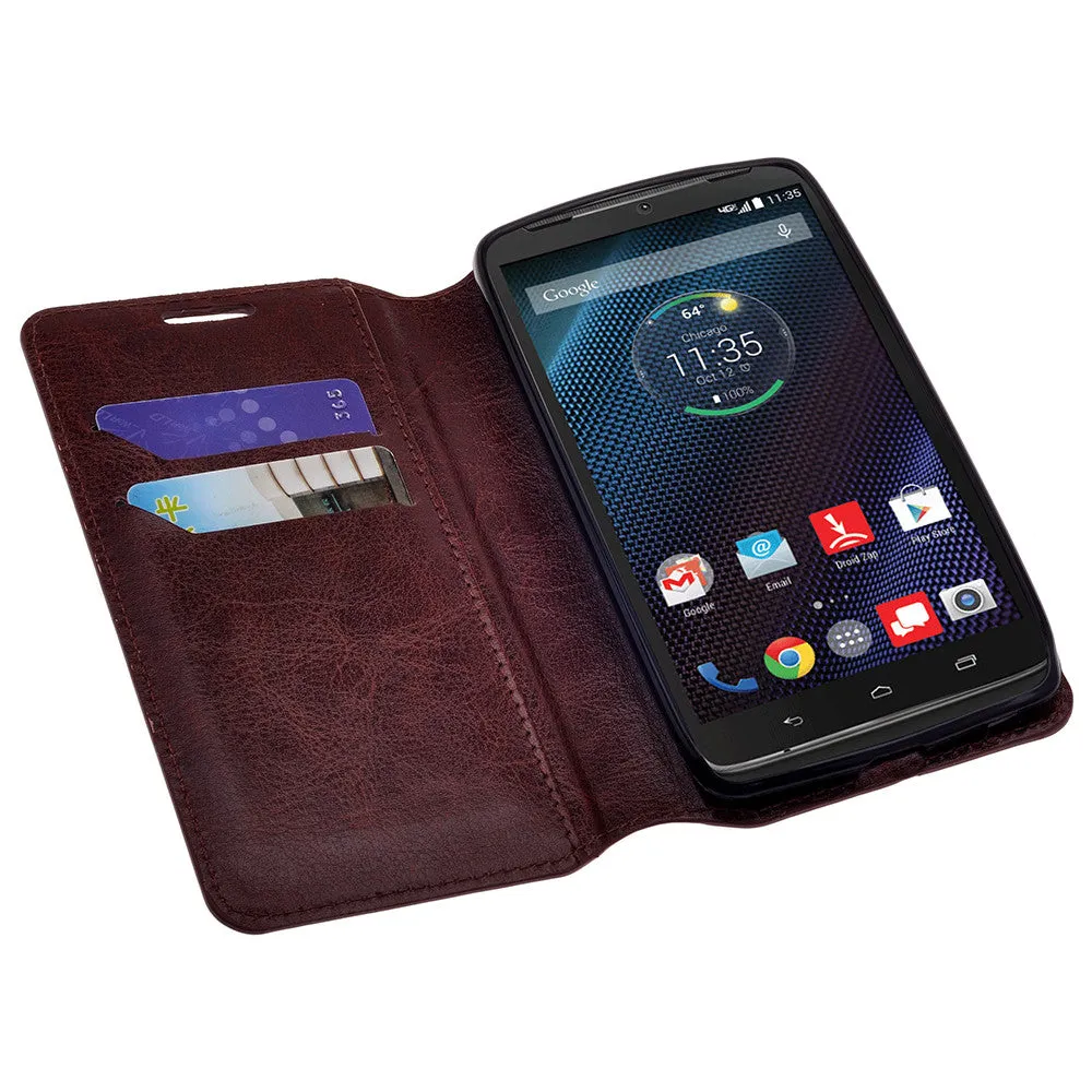 Motorola Droid Turbo | Motorola Moto Maxx | Motorola XT1254 Cases, Wrist Strap Magnetic Fold[Kickstand] Pu Leather Wallet Case with ID & Credit Card Slots - Brown