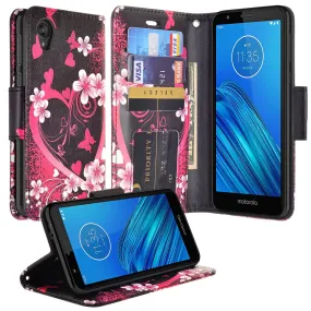 Motorola Moto E6 Case, Moto E6 Wallet Case, Wrist Strap Pu Leather Wallet Case [Kickstand] with ID & Credit Card Slots - Heart Butterflies