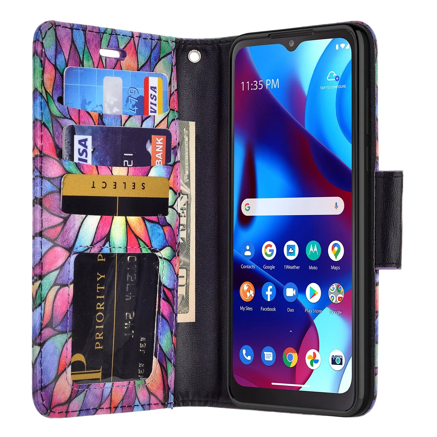 Motorola moto g Pure Case, moto g Pure Wallet Case, Wrist Strap Pu Leather Wallet Case [Kickstand] with ID & Credit Card Slots - Rainbow Flower