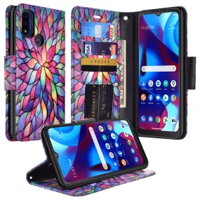 Motorola moto g Pure Case, moto g Pure Wallet Case, Wrist Strap Pu Leather Wallet Case [Kickstand] with ID & Credit Card Slots - Rainbow Flower