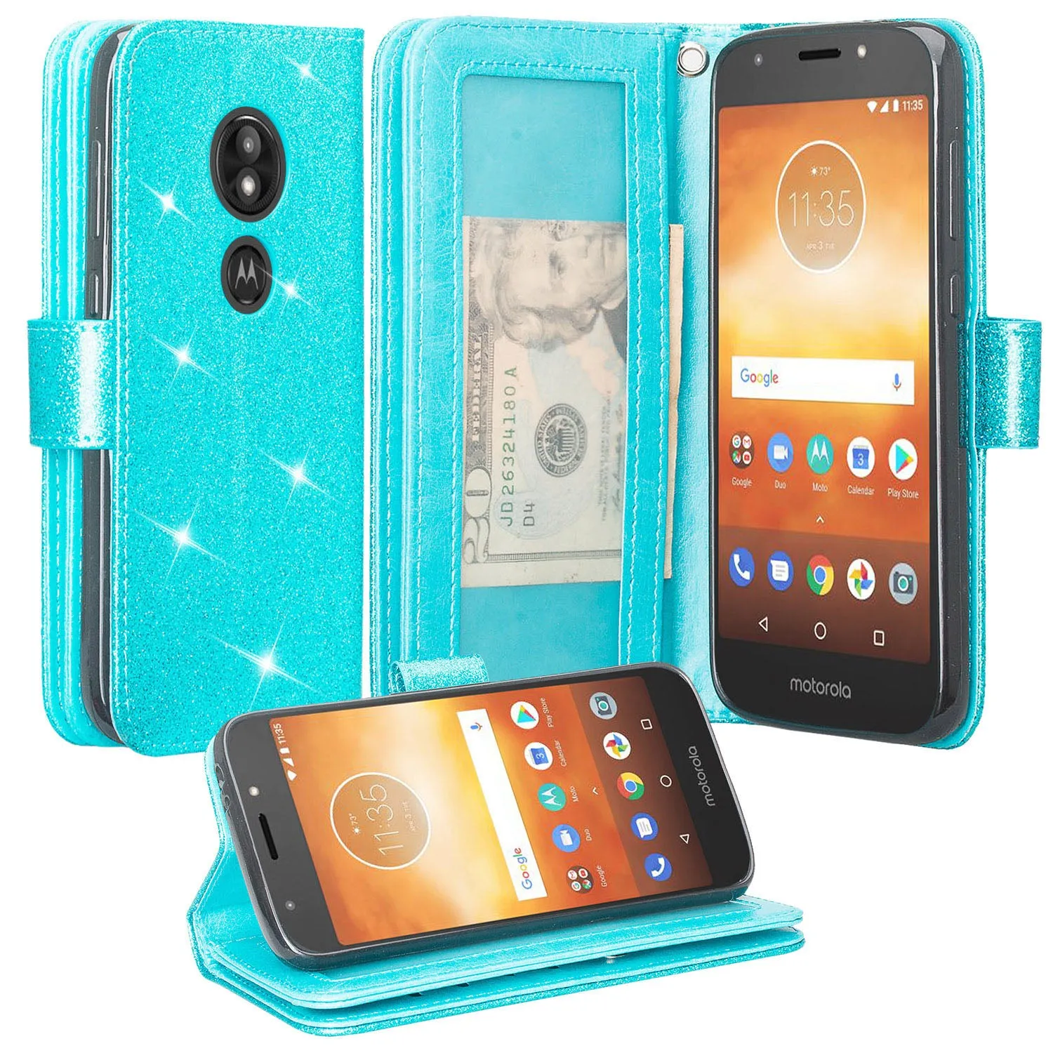 Motorola Moto G6 Play, G6 Forge Case, [Wrist Strap] Glitter Faux Leather Flip [Kickstand Feature] Protective Wallet Case Cover Clutch - Teal