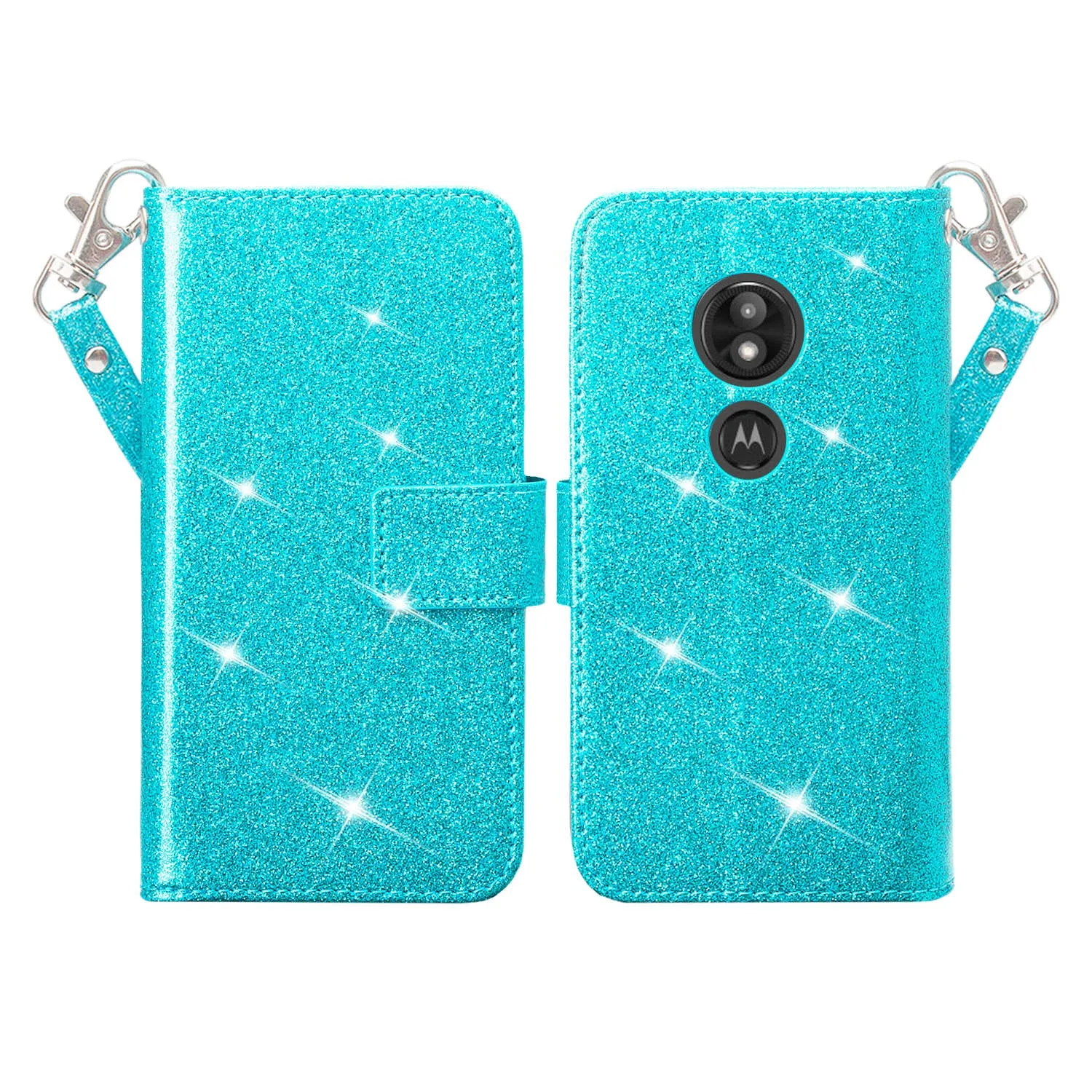 Motorola Moto G6 Play, G6 Forge Case, [Wrist Strap] Glitter Faux Leather Flip [Kickstand Feature] Protective Wallet Case Cover Clutch - Teal