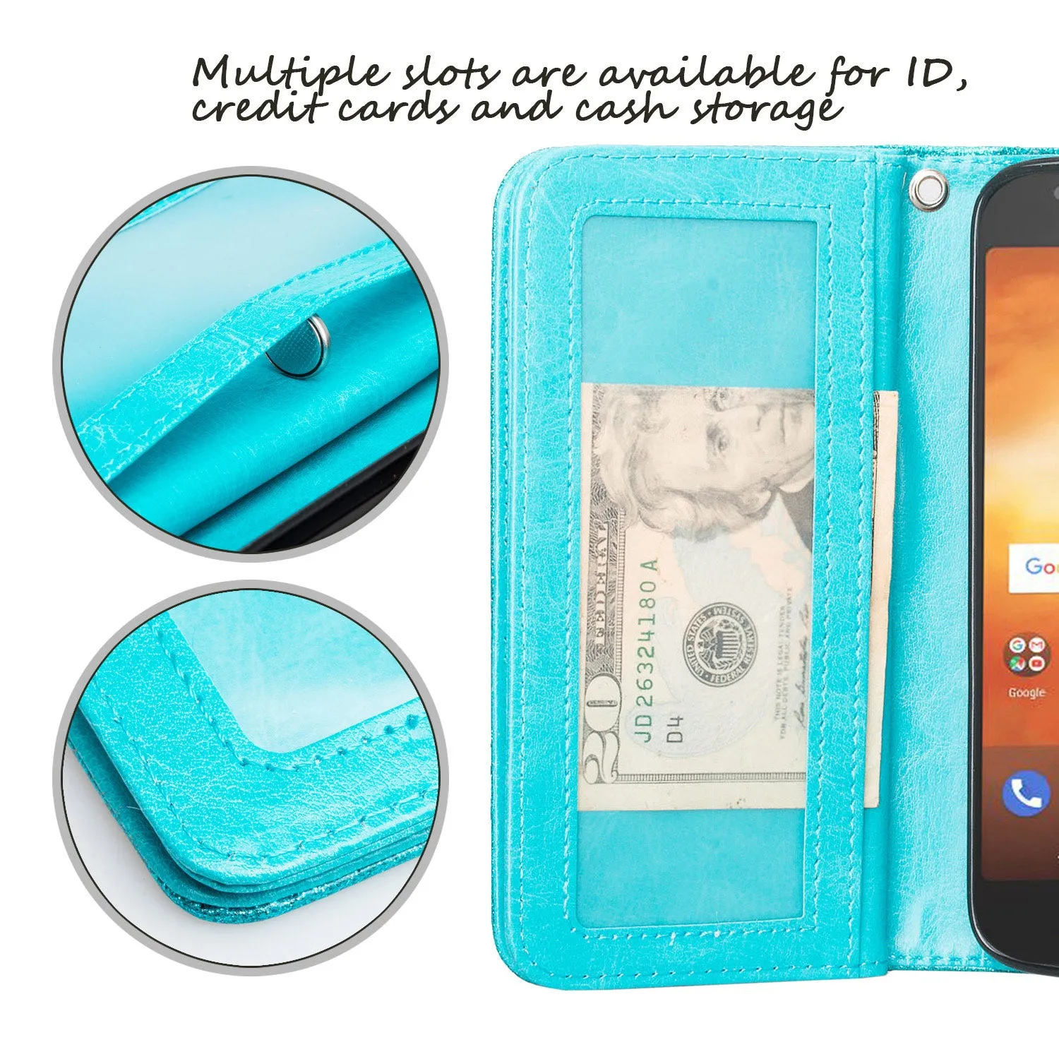 Motorola Moto G6 Play, G6 Forge Case, [Wrist Strap] Glitter Faux Leather Flip [Kickstand Feature] Protective Wallet Case Cover Clutch - Teal