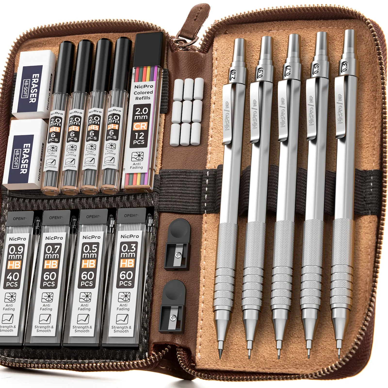 Nicpro 20PCS Metal Mechanical Pencil Set in Leather Case, 0.3, 0.5, 0.7, 0.9 mm & 2mm Lead Pencil Holders, 9 Tube (4B 2B HB 2H) Lead Refills(Black & Colors), Erasers For Art Drafting Sketching Drawing