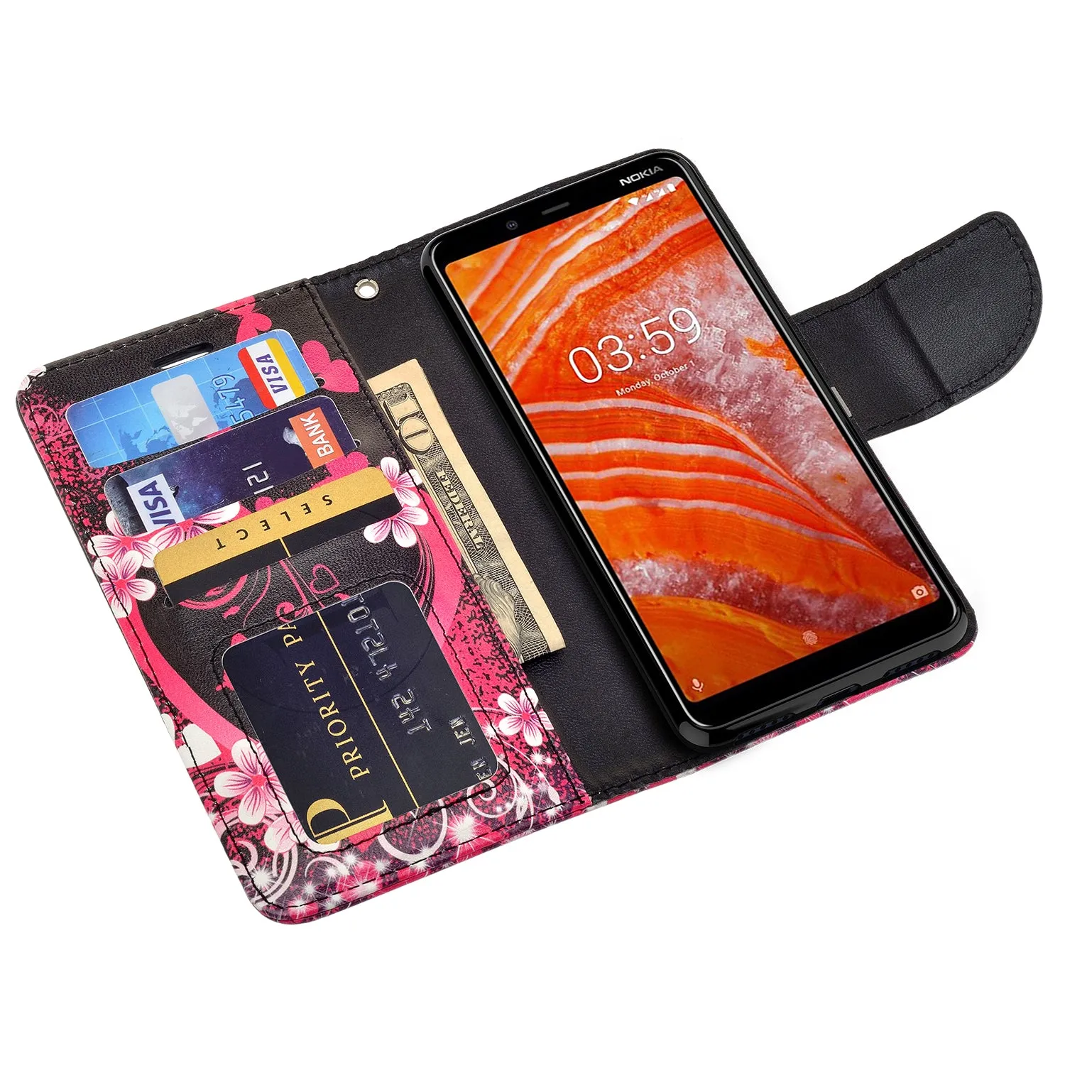 Nokia 3.1 Plus Case, Nokia 3.1 Plus Wallet Case, Wrist Strap Pu Leather Wallet Case [Kickstand] with ID & Credit Card Slots - Heart Butterflies