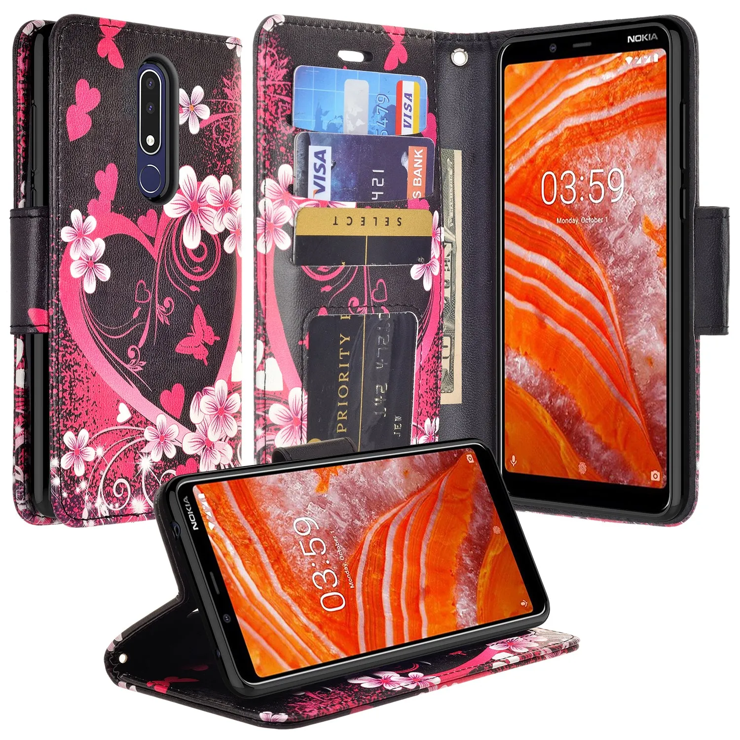 Nokia 3.1 Plus Case, Nokia 3.1 Plus Wallet Case, Wrist Strap Pu Leather Wallet Case [Kickstand] with ID & Credit Card Slots - Heart Butterflies