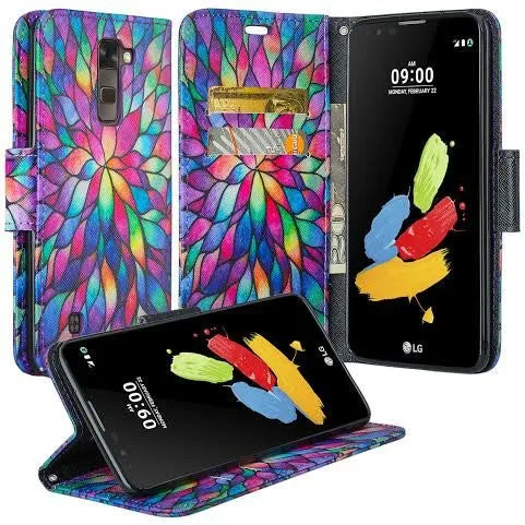 Onetouch Evolve 2 Case, Wrist Strap Flip Fold [Kickstand Feature] Pu Leather Wallet Case with ID & Credit Card Slots For Alcatel Onetouch Evolve 2 - Rainbow Flower