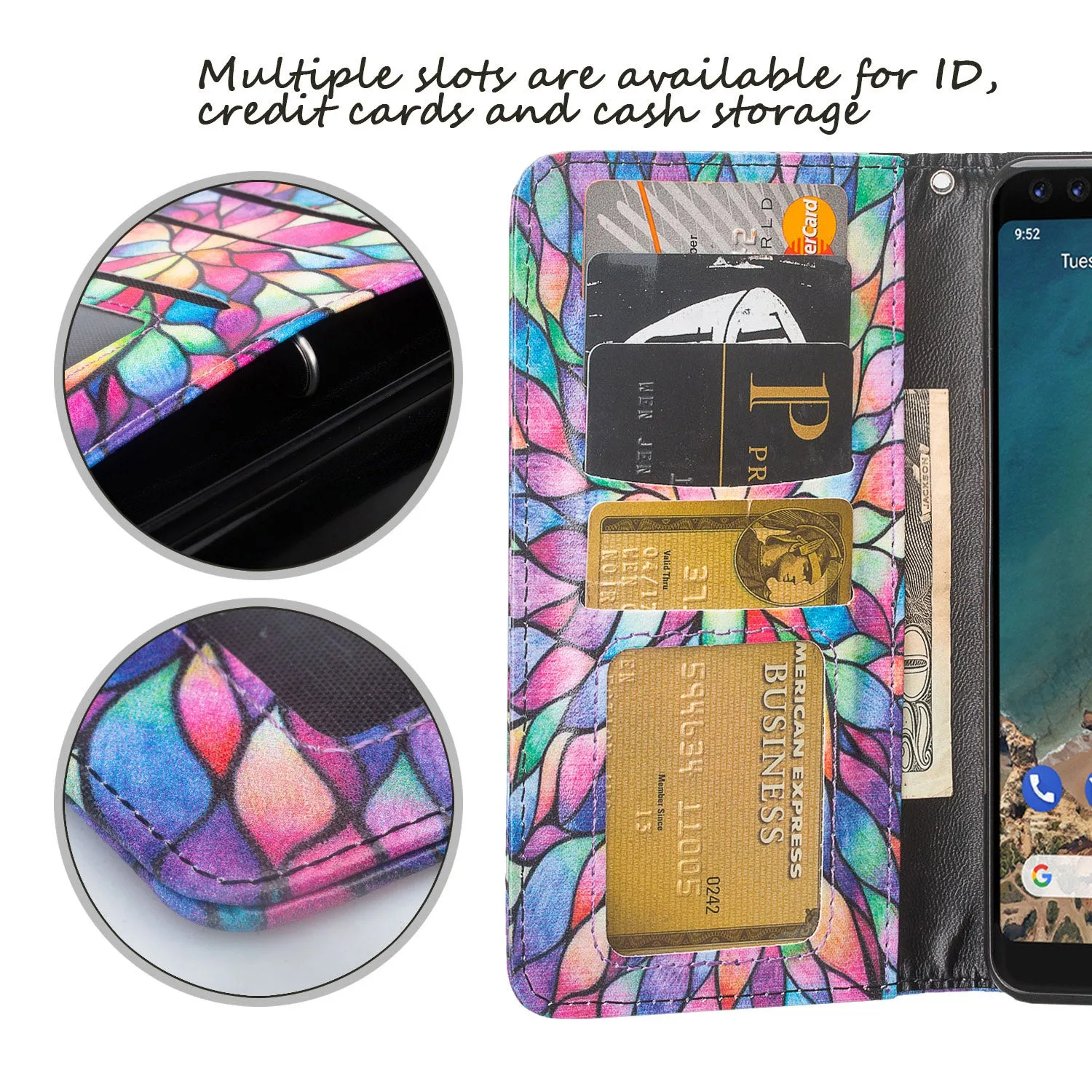 Pixel 3 XL Case, Google Pixel 3 XL, Wrist Strap Leather Wallet Case [Kickstand] with Credit Card Slots - Rainbow Flower