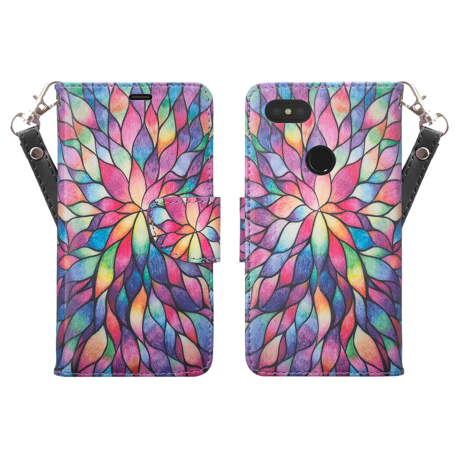 Pixel 3 XL Case, Google Pixel 3 XL, Wrist Strap Leather Wallet Case [Kickstand] with Credit Card Slots - Rainbow Flower