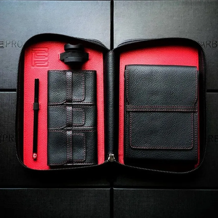 Project Carbon Cigar Case Black/Red Leather (with Side Handle   Boveda Sleeve)