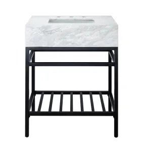 Rens Freestanding Bath Vanity in Italy Carrara White Marble top with Black Metal Shelf