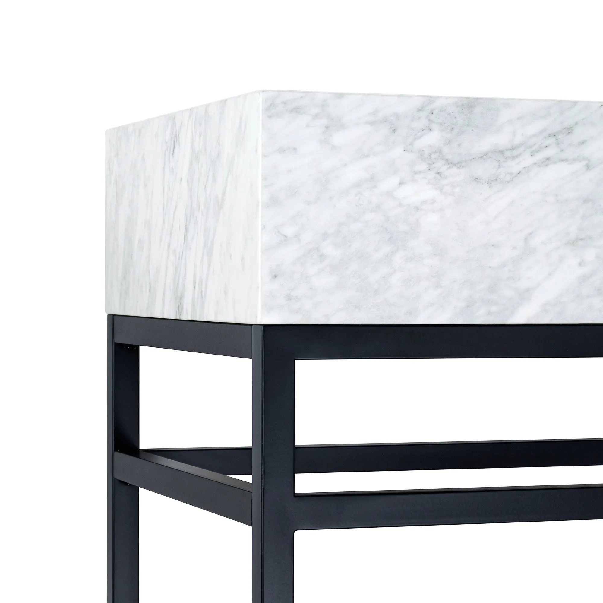 Rens Freestanding Bath Vanity in Italy Carrara White Marble top with Black Metal Shelf